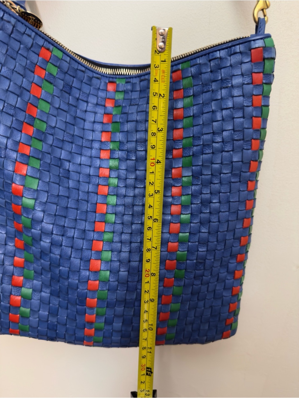 Rare Clare V. Handwoven Leather Messenger Bag Blue Red Green Checkered Stripe - Picture 6 of 15